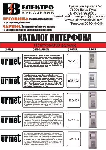 Katalog Urmet  interfona Elektro Vukojevic