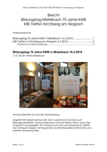 Bericht Bildungstag 70 Jahre KBW Mistelbach, KIBI Krichberg
