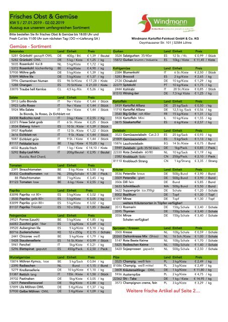 Wochenpreisliste Obst & Gemüse KW5/2019