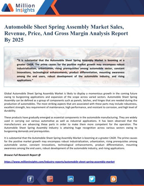 Automobile Sheet Spring Assembly Market Sales, Revenue, Price, And Gross Margin Analysis Report By 2025