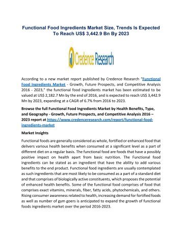 Functional Food Ingredients Market Is Expected To Reach US$ 3,442.9 Bn By 2023