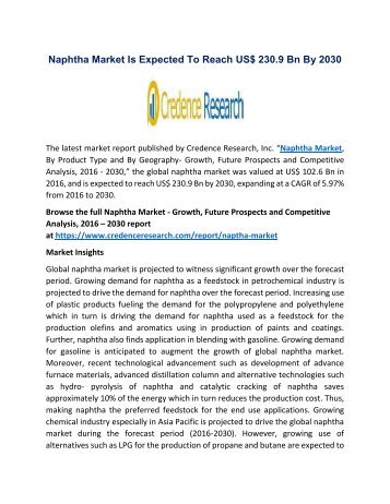 Naphtha Market Is Expected To Reach US$ 230.9 Bn By 2030