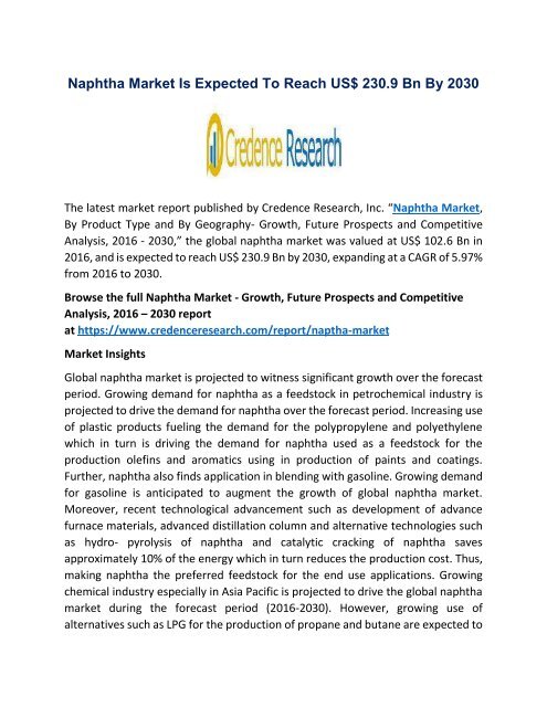 Naphtha Market Is Expected To Reach US$ 230.9 Bn By 2030