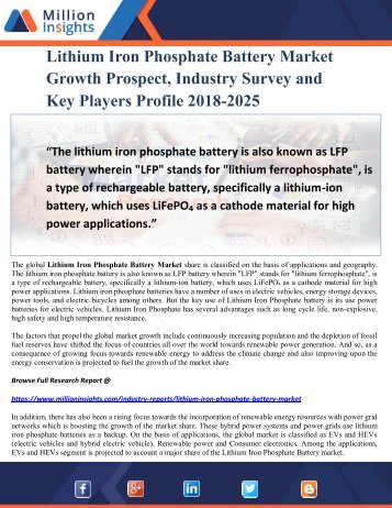 Lithium Iron Phosphate Battery Market Growth Prospect, Industry Survey and Key Players Profile 2018-2025