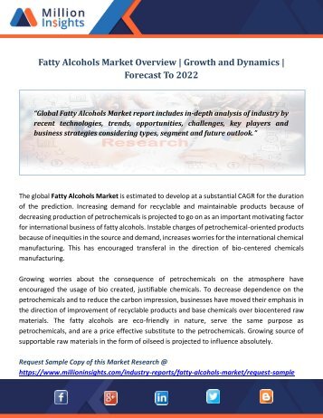 Fatty Alcohols Market Overview  Growth and Dynamics  Forecast To 2022