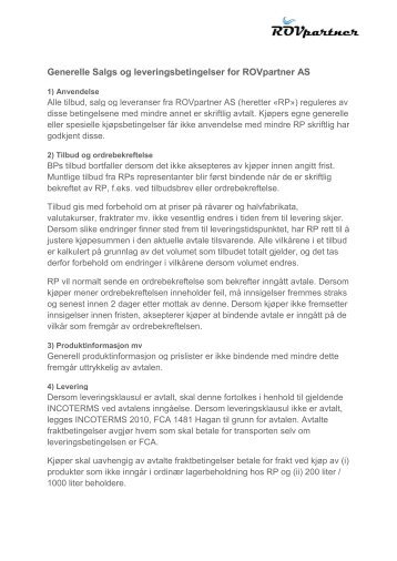 Generelle Salgs og leveringsbetingelser for ROVpartner AS
