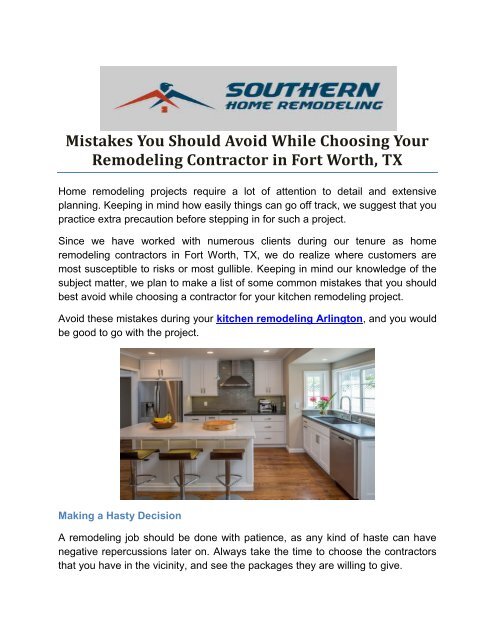 Mistakes You Should Avoid While Choosing Your Remodeling Contractor in Fort Worth, TX