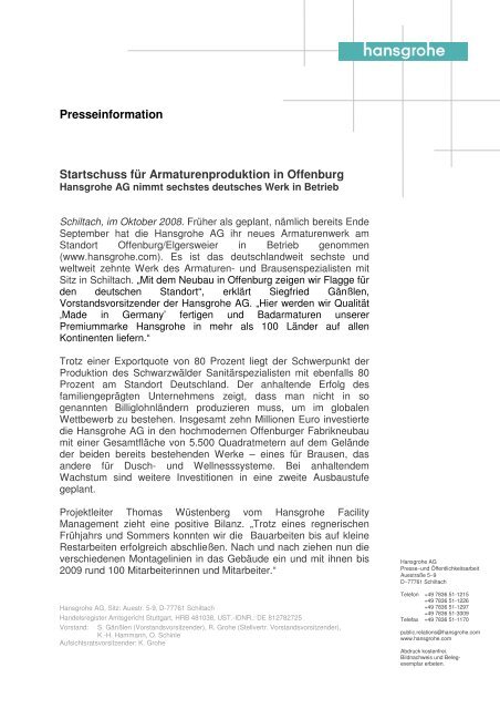 Presseinformation Startschuss für Armaturenproduktion ... - Hansgrohe