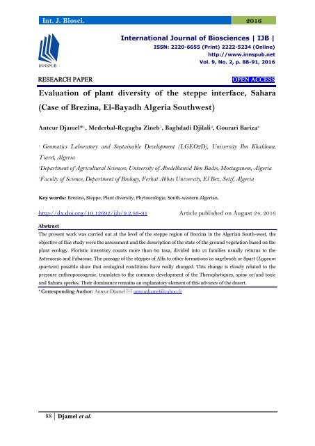 Evaluation of plant diversity of the steppe interface, Sahara (Case of Brezina, El-Bayadh Algeria Southwest)