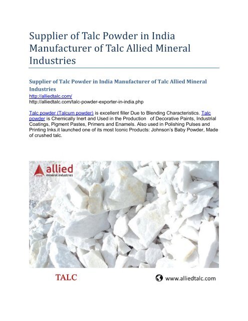 Supplier of Talc Powder in India Manufacturer of Talc Allied Mineral Industries