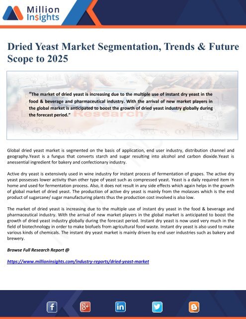 Dried Yeast Market Segmentation, Trends &amp; Future Scope to 2025