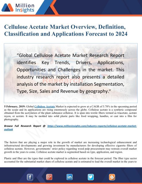 Cellulose Acetate Market Report by Opportunities, Key Companies and Growth Factors Forecast to 2024