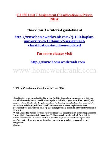 CJ 130 Unit 7 Assignment Classification in Prison NEW