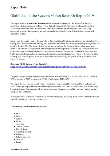 Global Auto Lube Systems Market Research Report 2019