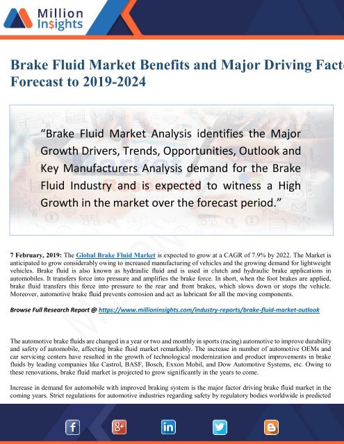 Brake Fluid Market 2024 Research by Fastest Growing Segment and Market Share