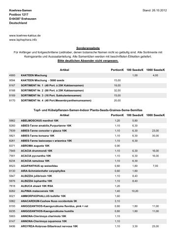 Koehres-Samen Stand: 26.10.2012 Postbox ... - Koehres-Kakteen