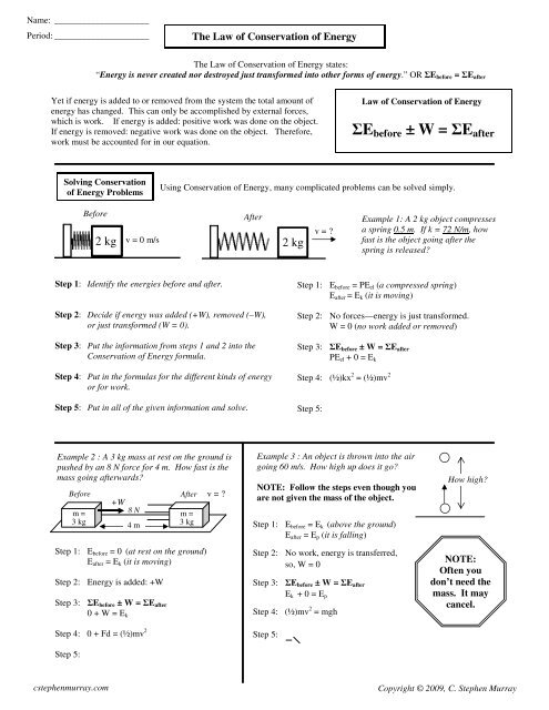 Law of conservation of energy worksheet answers
