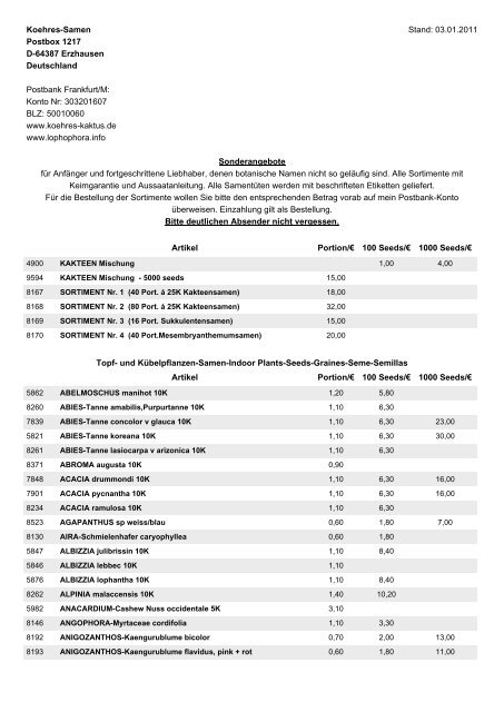 Koehres-Samen Stand: 03.01.2011 Postbox ... - Koehres-Kakteen