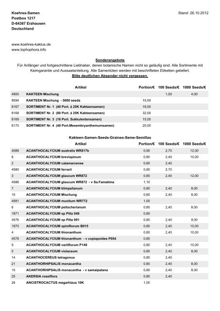 Koehres-Samen Stand: 26.10.2012 Postbox ... - Koehres-Kakteen