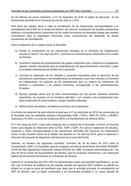 Informe de Fiscalización de la actividad de las sociedades públicas de integración del ferrocarril participadas por ADIF-Alta Velocidad, a 31 de diciembre de 2016