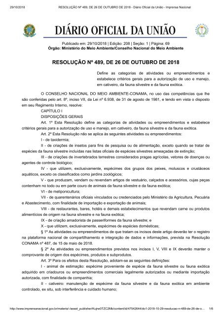 RESOLUÇÃO Nº 489, DE 26 DE OUTUBRO DE 2018 - Diário Oficial da União ...