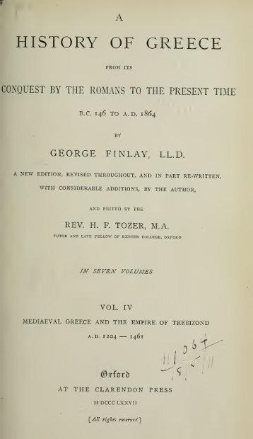 A history of Greece, from its conquest by the Romans to the present time, B.C. 146 to A.D. 1864 VOL.ΙV  by Finlay, George, 1877