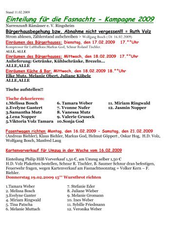 Einteilung für die Fasnachts - Kampagne 2009