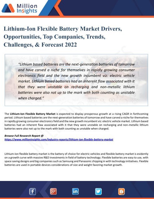 Lithium-Ion Flexible Battery Market Growth Drivers, Vendors Landscape, Shares, Trends, Industry Challenges with Forecast to 2022