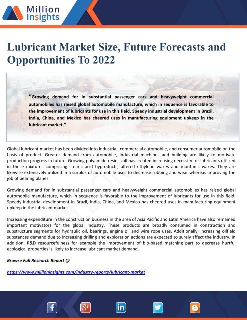 Lubricant Market Size, Future Forecasts and Opportunities To 2022