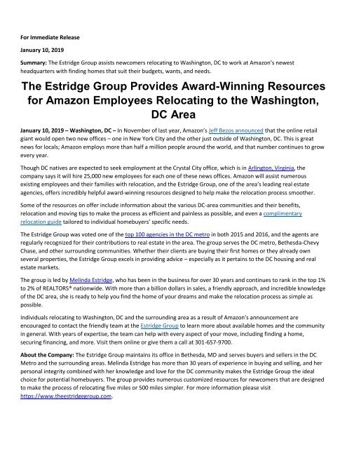 The Estridge Group Provides Award Winning Resources for Amazon Employees Relocating to the Washin