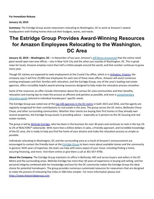 The Estridge Group Provides Award-Winning Resources for Amazon Employees Relocating to the Washington, DC Area