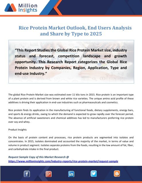 Rice Protein Market Outlook, End Users Analysis and Share by Type to 2025