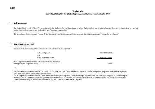 Band I - Haushaltssatzung, Vorbericht, Anlagen 2019