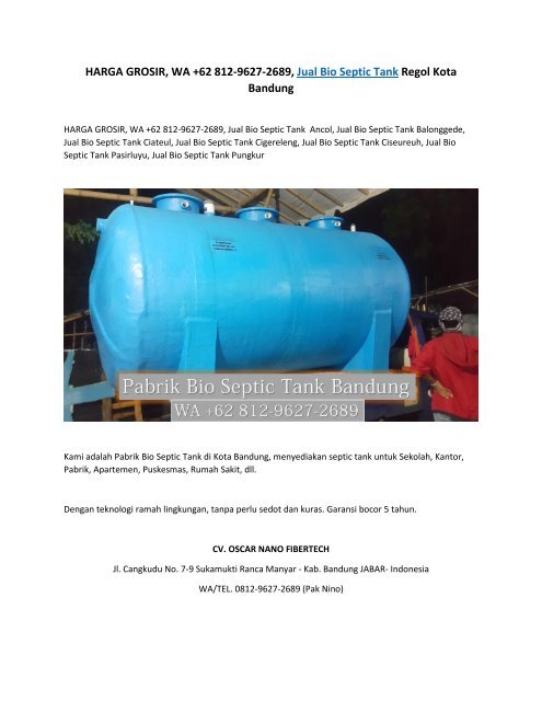 HARGA GROSIR, WA +62 812-9627-2689, Jual Bio Septic Tank Regol Kota Bandung