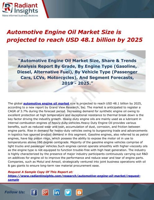 Automotive Engine Oil Market Size is projected to reach USD 48.1 ...