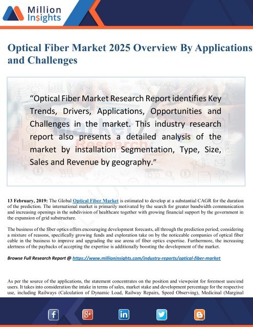 Optical Fiber Market 2025 by Dynamics, Challenges and Growth Outlook