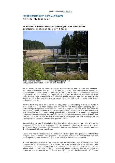 07.08.2003 - Oderteich fast leer - Harzwasserwerke GmbH