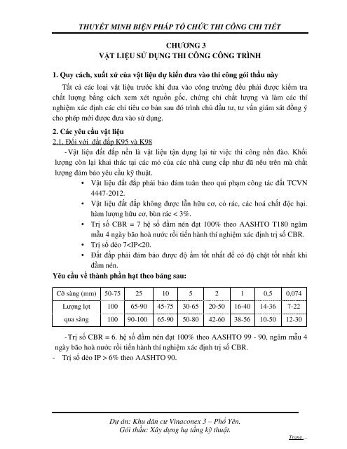 THUYẾT MINH BIỆN PHÁP TỔ CHỨC THI CÔNG CHI TIẾT DỰ ÁN KHU DÂN CƯ VINACONEX 3 - PHỔ YÊN GÓI THẦU XÂY DỰNG HẠ TẦNG KỸ THUẬT