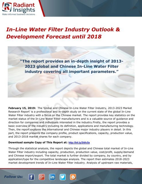 In-Line Water Filter Industry Outlook &amp; Development Forecast until 2018