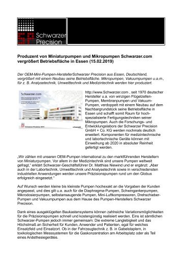Produzent von Miniaturpumpen und Mikropumpen Schwarzer.com vergrößert Betriebsfläche in Essen (15.02.2019)
