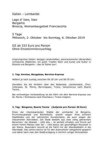 Italien - Lombardei - Busreise Iseo See, Bergamo, Brescia - 2. bis 6. Oktober - KUS Reisen 73107 Eschenbach und 73035 Göppingen