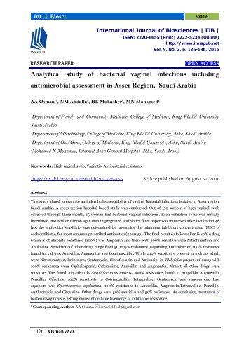 Analytical study of bacterial vaginal infections including antimicrobial assessment in Asser Region, Saudi Arabia