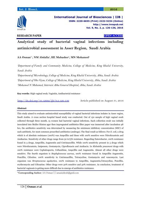 Analytical study of bacterial vaginal infections including antimicrobial assessment in Asser Region, Saudi Arabia