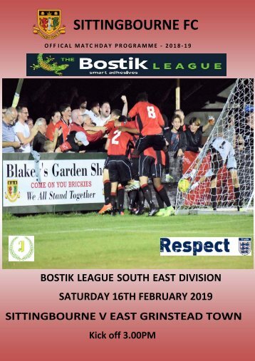 Sittingbourne v East Grinstead Town 19th Feb 2019 - Match Day programme