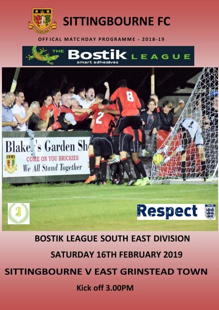 Sittingbourne v East Grinstead Town 19th Feb 2019 - Match Day programme