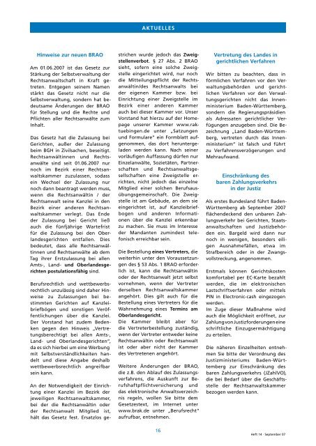 KammerReport Heft 14, April 2007 - Rechtsanwaltskammer Tübingen