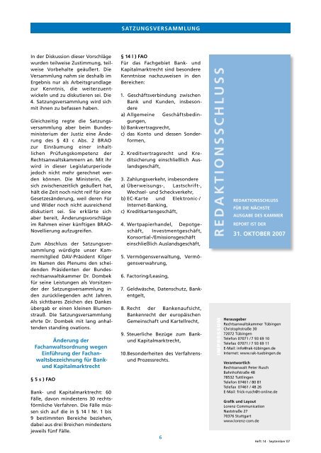 KammerReport Heft 14, April 2007 - Rechtsanwaltskammer Tübingen