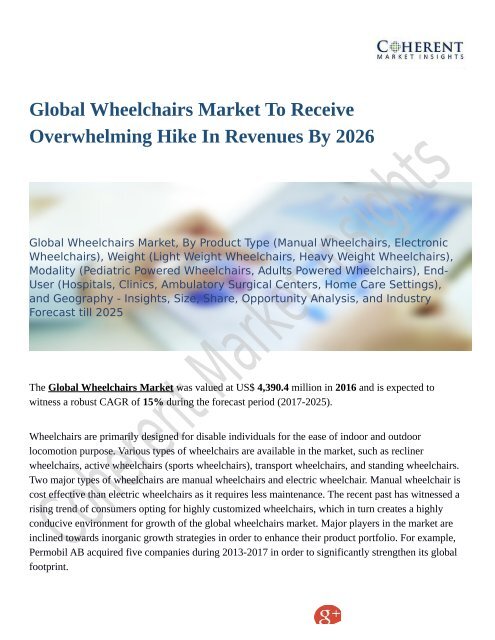 Global Wheelchairs Market Positive Long-Term Growth Outlook 2018-2026