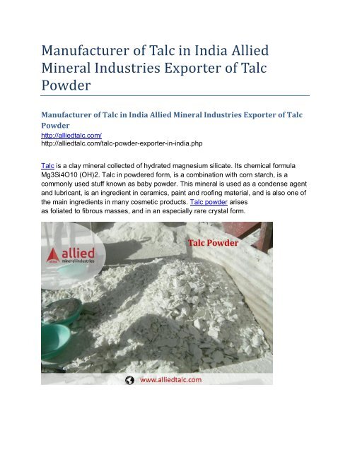 Manufacturer of Talc in India Allied Mineral Industries Exporter of Talc Powder