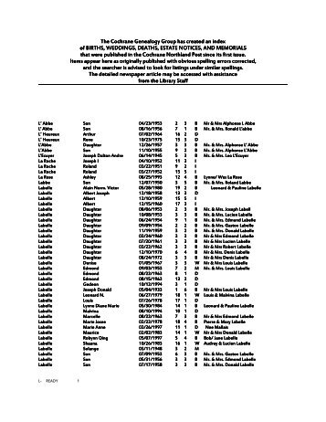 The Cochrane Genealogy Group has created an index The ...